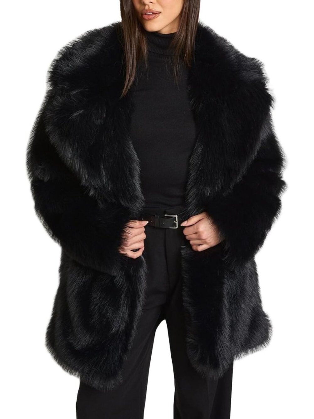 Cozy Faux Fur Midi Coat | Fluffy Warm Shaggy Winter Jacket for Women